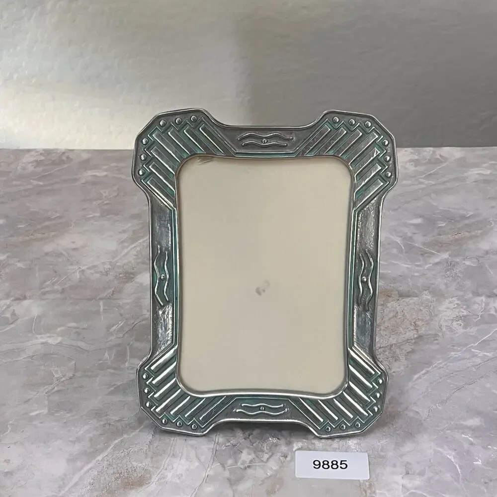 Vintage Silver Toned Picture Frame 4.5 x 6.5 in Aqua Accents Textured Easel Back